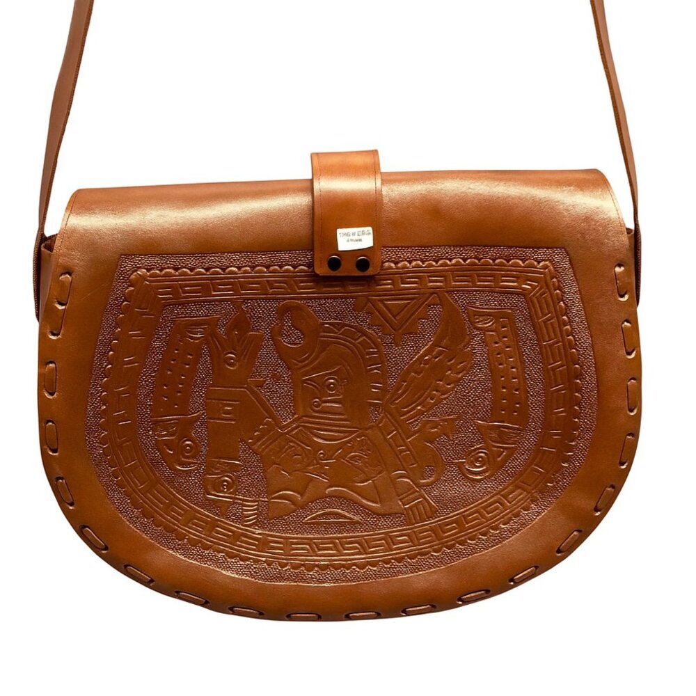 Handmade Peruvian Tooled Leather Shoulder Bag Mayan Design, Large Brown Unlined - Picture 4 of 7